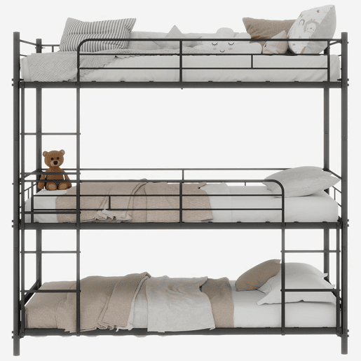 Cama tripla para 3 pessoas - estrutura metálica com escada e corrimão - preta
