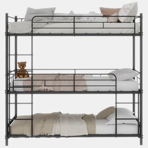Cama tripla para 3 pessoas - estrutura metálica com escada e corrimão - preta