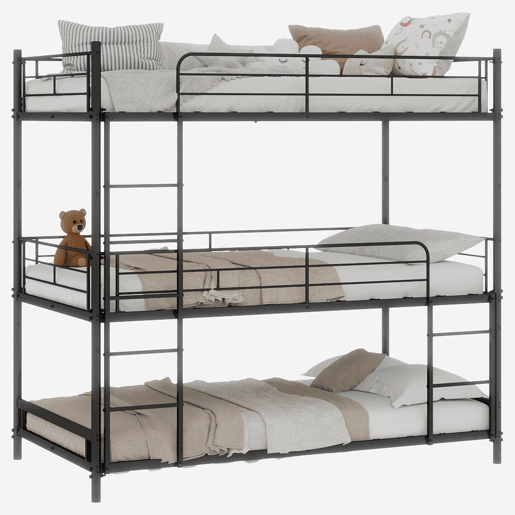 Cama tripla para 3 pessoas - estrutura metálica com escada e corrimão - preta