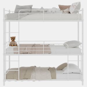 Cama tripla metálica - segura com grade contínua e escada incorporada - Branca