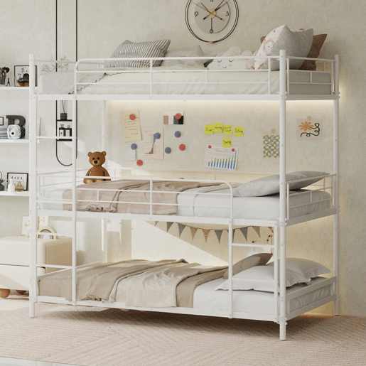 Cama tripla metálica - segura com grade contínua e escada incorporada - Branca