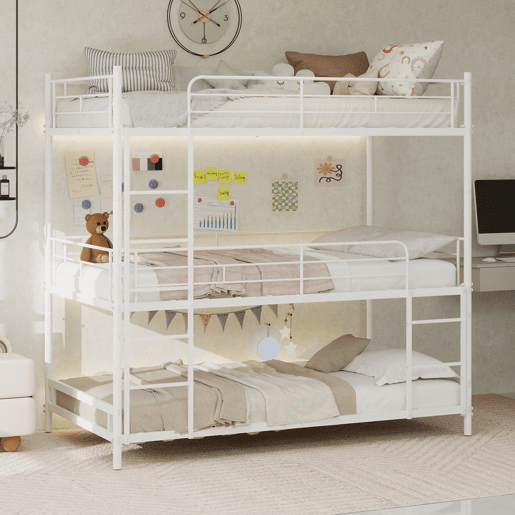 Cama tripla metálica - segura com grade contínua e escada incorporada - Branca