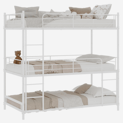 Cama tripla metálica - segura com grade contínua e escada incorporada - Branca