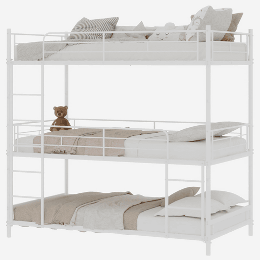 Cama tripla metálica - segura com grade contínua e escada incorporada - Branca