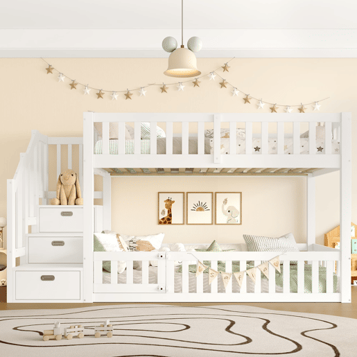 Cama alta 90x200 - Escada com arrumação - Branco
