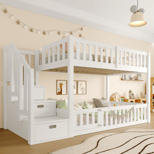 Cama alta 90x200 - Escada com arrumação - Branco