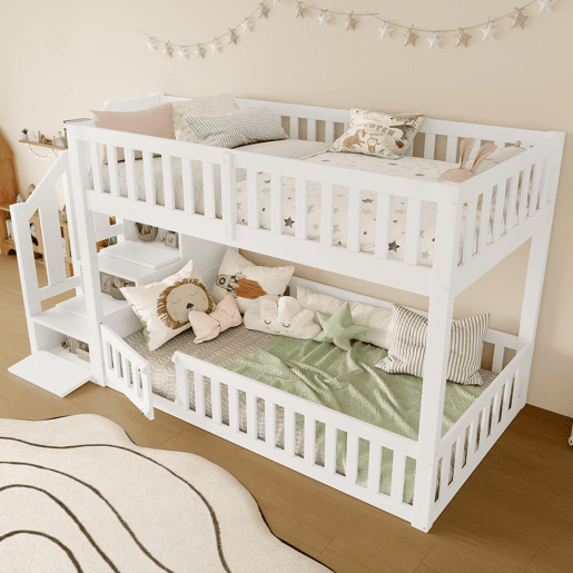 Cama alta 90x200 - Escada com arrumação - Branco