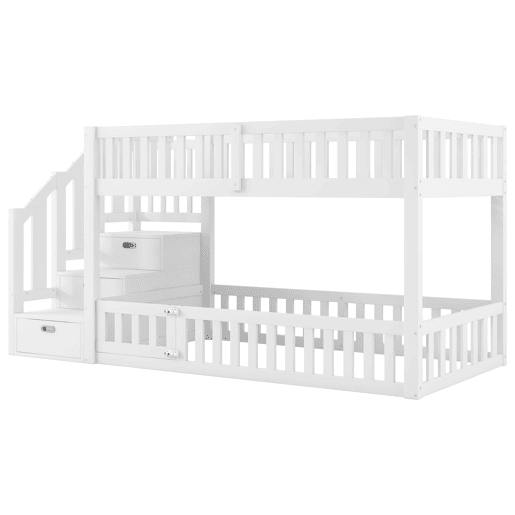 Cama alta 90x200 - Escada com arrumação - Branco