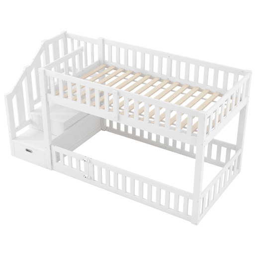 Cama alta 90x200 - Escada com arrumação - Branco