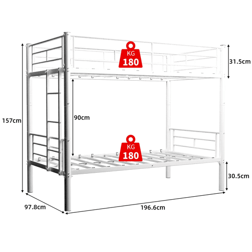 Beliche Twin sobre Twin - Metal resistente com escadas e corrimão, convertível - Branco