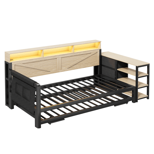 Sofá-cama metálico 90x200 cm - Cama extensível ajustável, armário, 3 gavetas, prateleiras, LED e USB - Preto