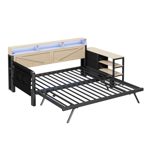 Sofá-cama metálico 90x200 cm - Cama extensível ajustável, armário, 3 gavetas, prateleiras, LED e USB - Preto