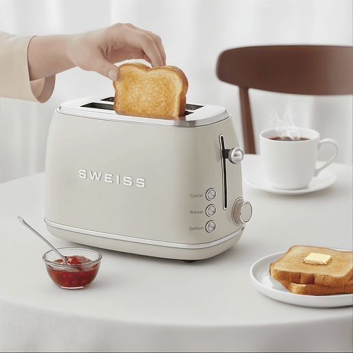 Torradeira vintage SWEISS GRS8 de 850 W com 2 ranhuras, 6 níveis de tostagem e função descongelar, bege