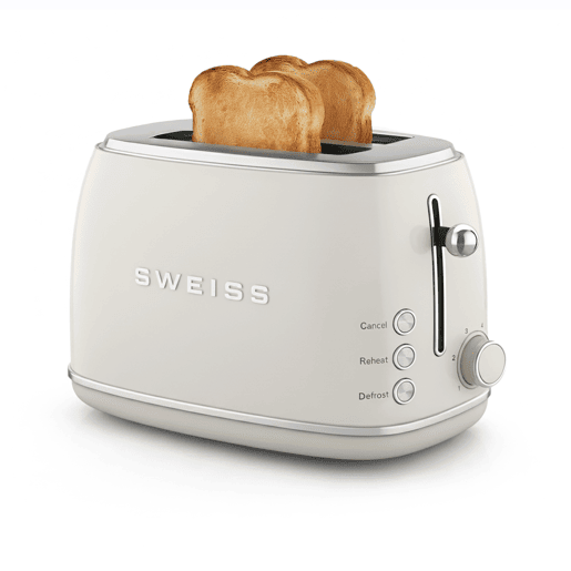 Torradeira vintage SWEISS GRS8 de 850 W com 2 ranhuras, 6 níveis de tostagem e função descongelar, bege