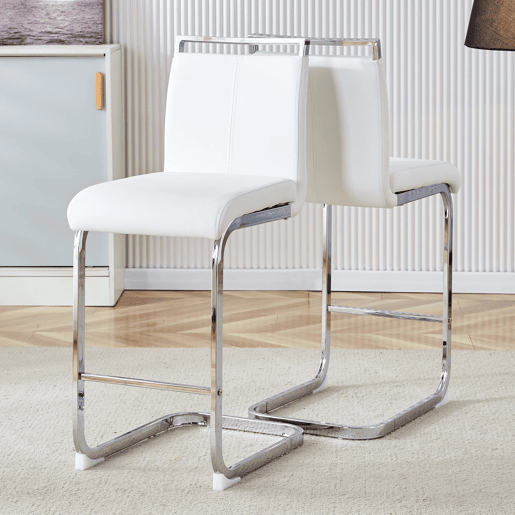 Conjunto de 2 bancos de bar 96,5 cm - estilo nórdico, couro sintético branco, pernas metálicas prateadas
