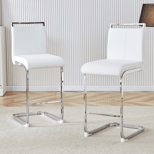 Conjunto de 2 bancos de bar 96,5 cm - estilo nórdico, couro sintético branco, pernas metálicas prateadas