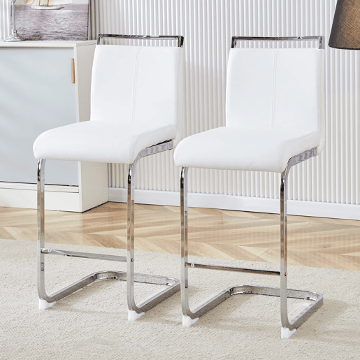 Conjunto de 2 bancos de bar 96,5 cm - estilo nórdico, couro sintético branco, pernas metálicas prateadas