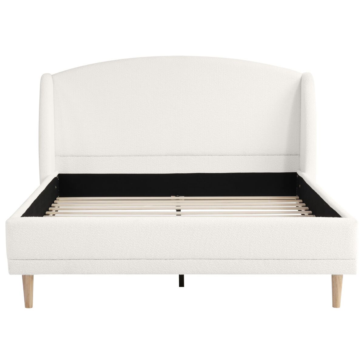 Cama tapizada 140x190 - tejido bouclé, cabecero con alas, diseño curvo - blanco
