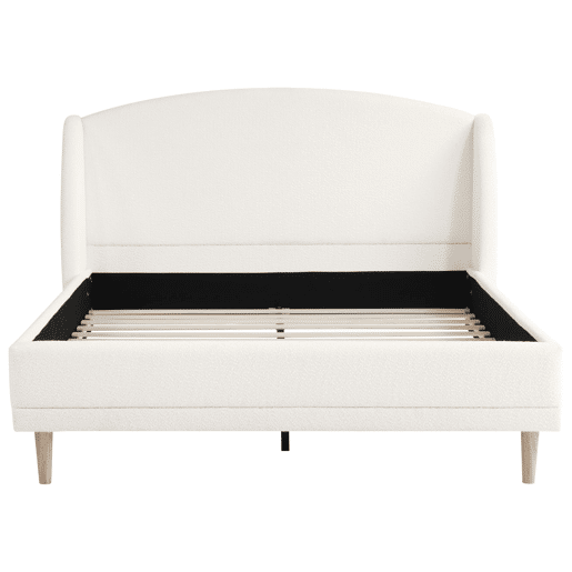 Cama estofada 140x190 - tecido bouclé, cabeceira com abas, design curvo - branco