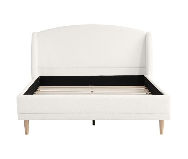 Cama tapizada 140x190 - tejido bouclé, cabecero con alas, diseño curvo - blanco