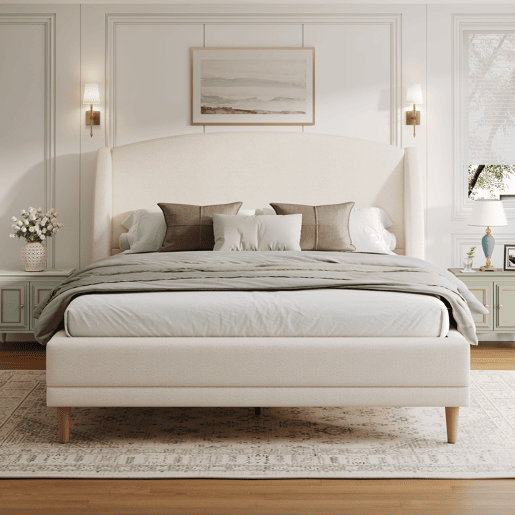 Cama estofada 140x190 - tecido bouclé, cabeceira com abas, design curvo - branco