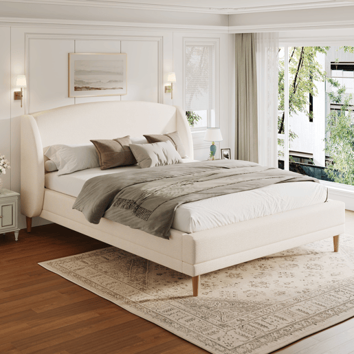 Cama estofada 140x190 - tecido bouclé, cabeceira com abas, design curvo - branco
