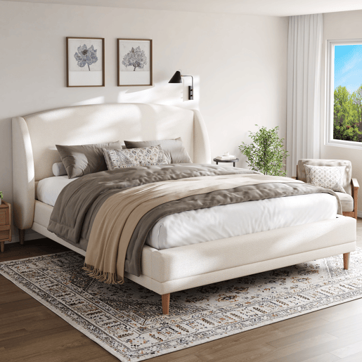 Cama estofada 140x190 - tecido bouclé, cabeceira com abas, design curvo - branco