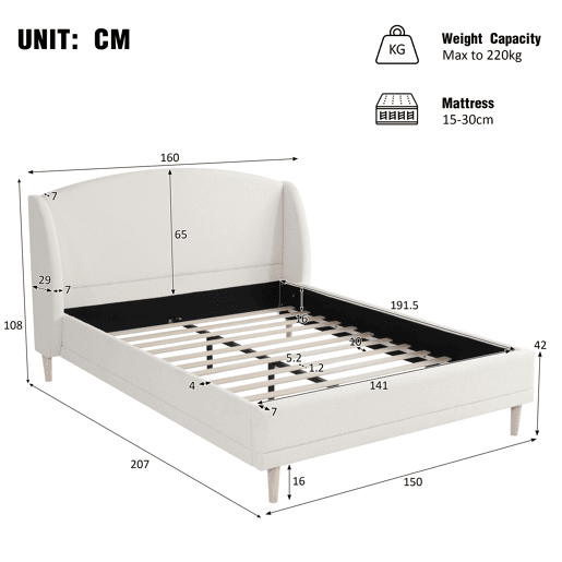 Cama estofada 140x190 - tecido bouclé, cabeceira com abas, design curvo - branco