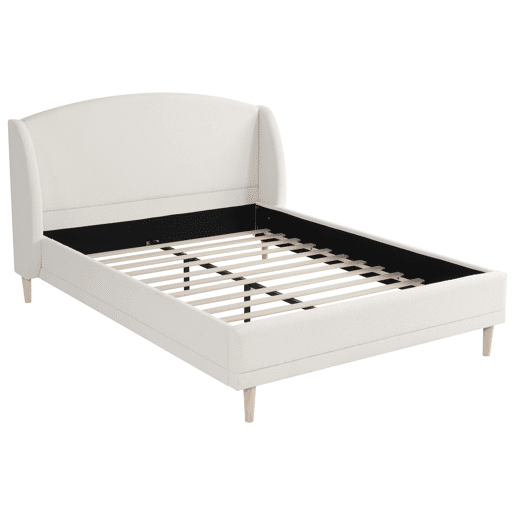 Cama estofada 140x190 - tecido bouclé, cabeceira com abas, design curvo - branco