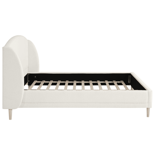 Cama estofada 140x190 - tecido bouclé, cabeceira com abas, design curvo - branco