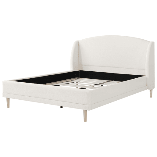 Cama estofada 140x190 - tecido bouclé, cabeceira com abas, design curvo - branco