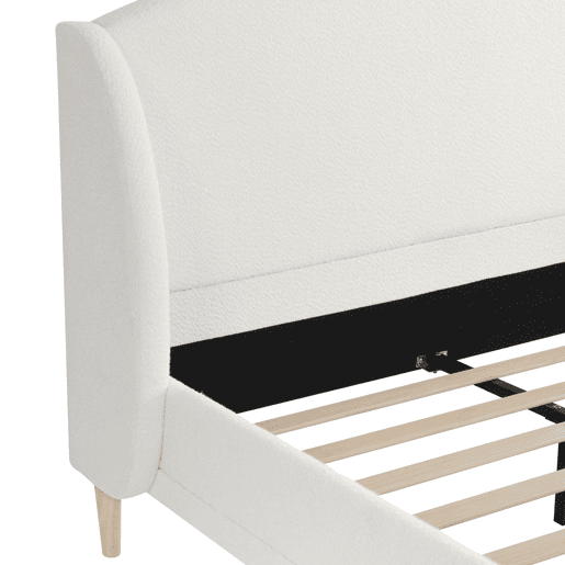 Cama estofada 140x190 - tecido bouclé, cabeceira com abas, design curvo - branco