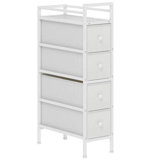 HOMCOM Móvel de Arrumação Estreito com 4 Gavetas de Tecido Cómoda para Quarto Estreita com Estrutura de Aço para Espaços Pequenos Sala de Estar Closet Casa de Banho 20x43x81,5 cm Branco