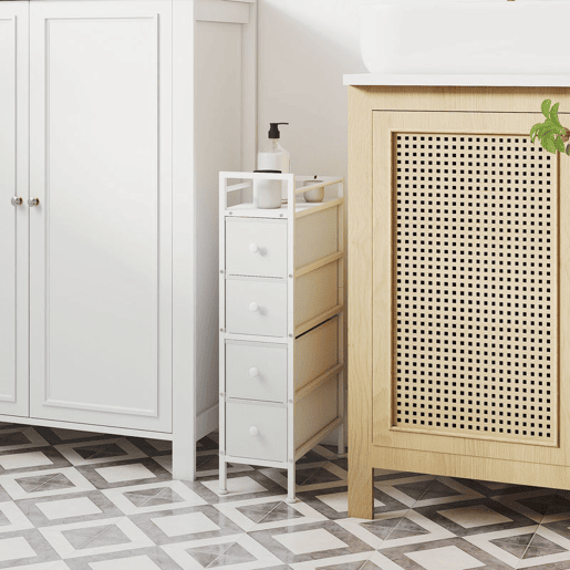 HOMCOM Móvel de Arrumação Estreito com 4 Gavetas de Tecido Cómoda para Quarto Estreita com Estrutura de Aço para Espaços Pequenos Sala de Estar Closet Casa de Banho 20x43x81,5 cm Branco