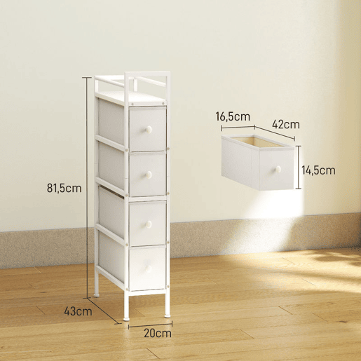 HOMCOM Móvel de Arrumação Estreito com 4 Gavetas de Tecido Cómoda para Quarto Estreita com Estrutura de Aço para Espaços Pequenos Sala de Estar Closet Casa de Banho 20x43x81,5 cm Branco