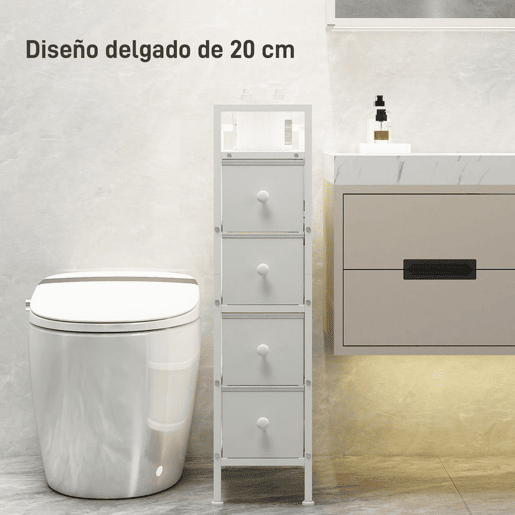 HOMCOM Móvel de Arrumação Estreito com 4 Gavetas de Tecido Cómoda para Quarto Estreita com Estrutura de Aço para Espaços Pequenos Sala de Estar Closet Casa de Banho 20x43x81,5 cm Branco