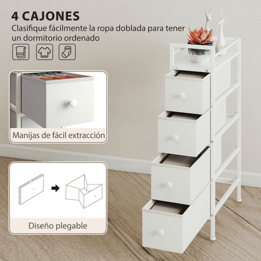 HOMCOM Móvel de Arrumação Estreito com 4 Gavetas de Tecido Cómoda para Quarto Estreita com Estrutura de Aço para Espaços Pequenos Sala de Estar Closet Casa de Banho 20x43x81,5 cm Branco