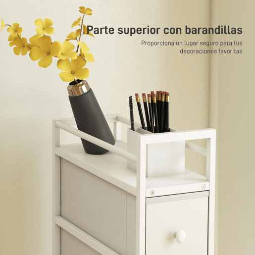 HOMCOM Móvel de Arrumação Estreito com 4 Gavetas de Tecido Cómoda para Quarto Estreita com Estrutura de Aço para Espaços Pequenos Sala de Estar Closet Casa de Banho 20x43x81,5 cm Branco