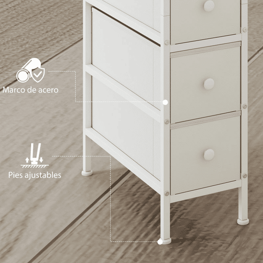 HOMCOM Móvel de Arrumação Estreito com 4 Gavetas de Tecido Cómoda para Quarto Estreita com Estrutura de Aço para Espaços Pequenos Sala de Estar Closet Casa de Banho 20x43x81,5 cm Branco
