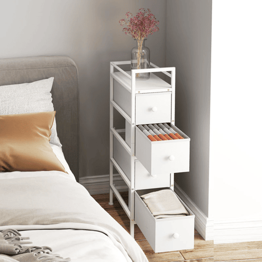 HOMCOM Móvel de Arrumação Estreito com 4 Gavetas de Tecido Cómoda para Quarto Estreita com Estrutura de Aço para Espaços Pequenos Sala de Estar Closet Casa de Banho 20x43x81,5 cm Branco