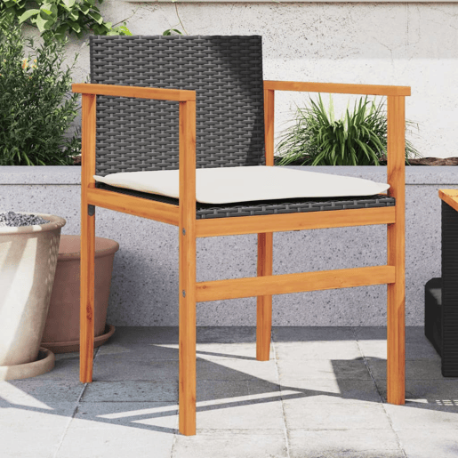 vidaXL Cadeiras de jardim com almofada 2 unidades rattan PE preto e madeira de acácia