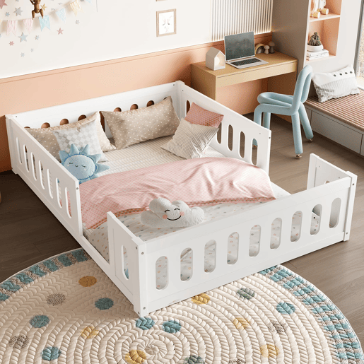 Cama de plataforma em madeira 140x200 - com grade - branca Cama de plataforma em madeira 140x200 - com grade - branca