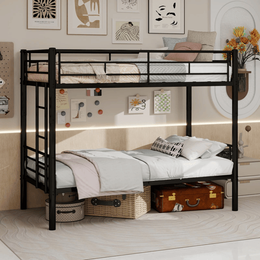 Beliche metálico Twin sobre Twin - estrutura metálica, convertível em 2 camas, com grade de proteção - Preto