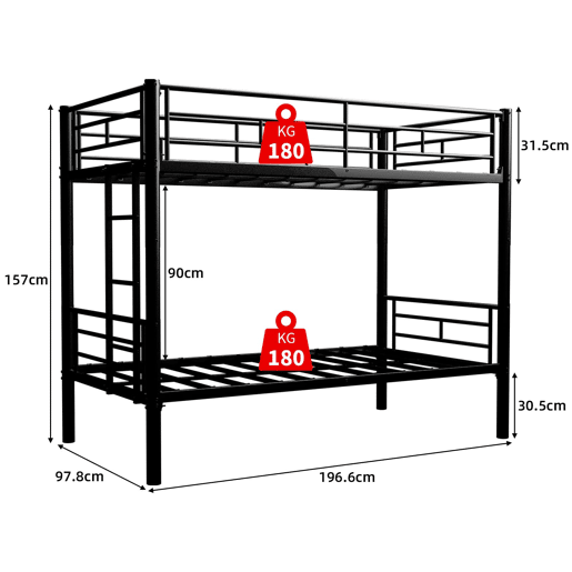 Beliche metálico Twin sobre Twin - estrutura metálica, convertível em 2 camas, com grade de proteção - Preto