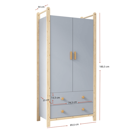 Armário 90x45x180 cm - Com barra, 2 gavetas, para quarto, sala, hall de entrada - Azul + Pinho