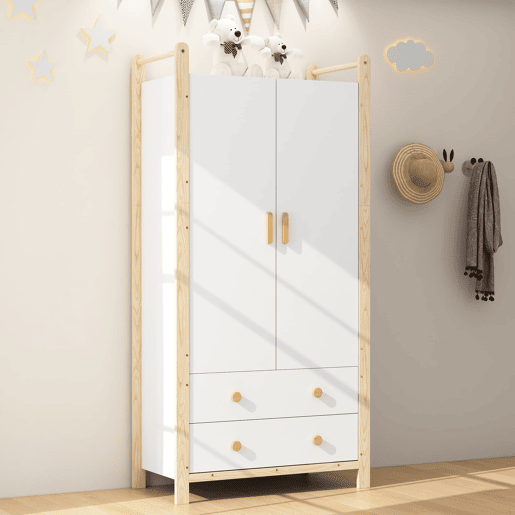 Armário 90x45x180 cm - 2 portas, com barra e 2 gavetas, para quarto e sala - Branco+Natural