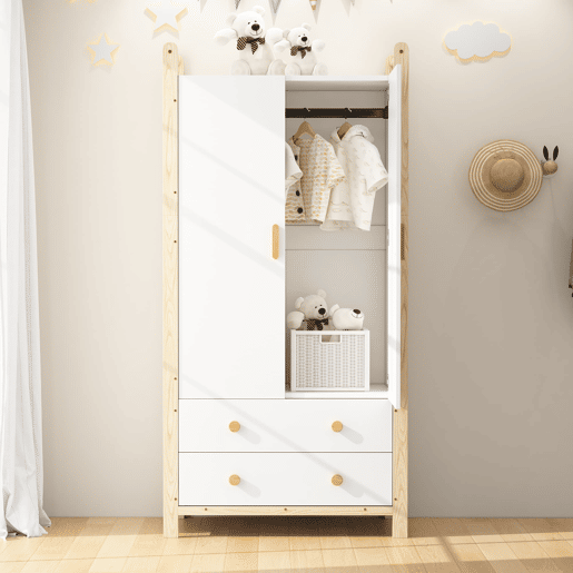 Armário 90x45x180 cm - 2 portas, com barra e 2 gavetas, para quarto e sala - Branco+Natural