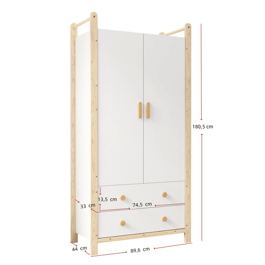 Armário 90x45x180 cm - 2 portas, com barra e 2 gavetas, para quarto e sala - Branco+Natural