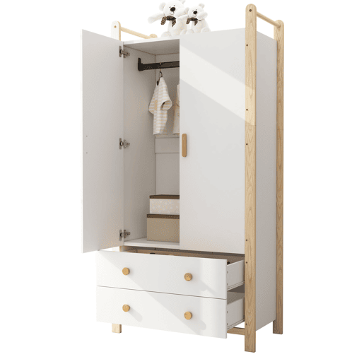 Armário 90x45x180 cm - 2 portas, com barra e 2 gavetas, para quarto e sala - Branco+Natural