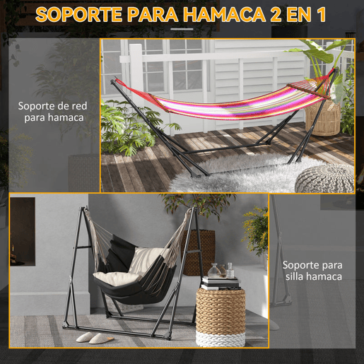 Outsunny Suporte para Cama Rede Dobrável Portátil 2 em 1 Suporte para Cadeira Suspensa com Estrutura Metálica e Bolsa de Transporte Carga Máxima 120 kg para Redes de até 2,5 m e Cadeiras de 1,5 m de Comprimento Preto